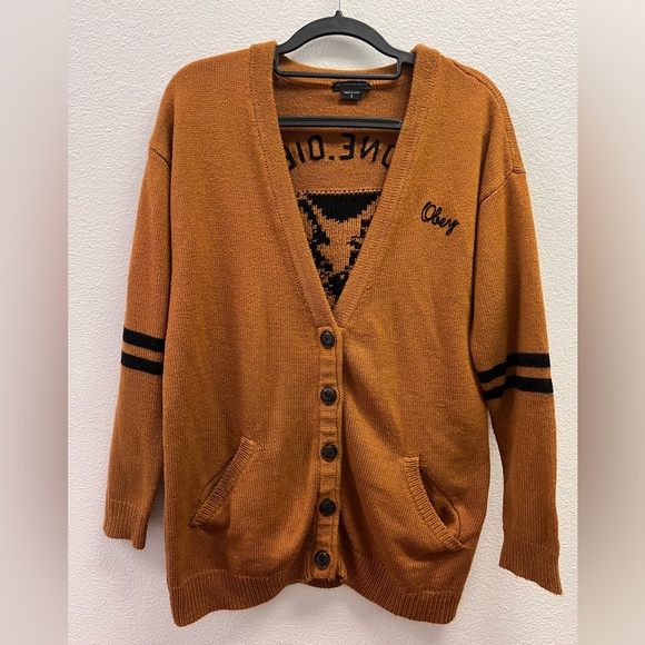 Obey Sweaters - RARE- OBEY Clothing Women's Wolf Oversized Cardigan Burnt Orange Size Small